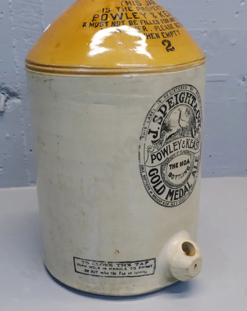 stone crock, two gallon, Powley and Keast, J Speights and Coy, Dunedin, condition average, Image 1++