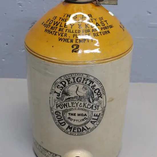 stone crock, two gallon, Powley and Keast, J Speights and Coy, Dunedin, condition average,