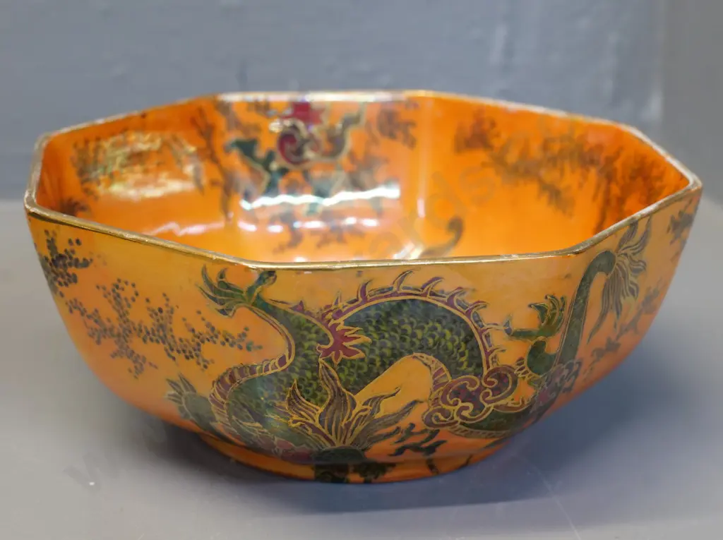 Bursley octagonal lustre bowl with dragon motif - some rubbing to gilt around rim. Diameter 180 Image 1++
