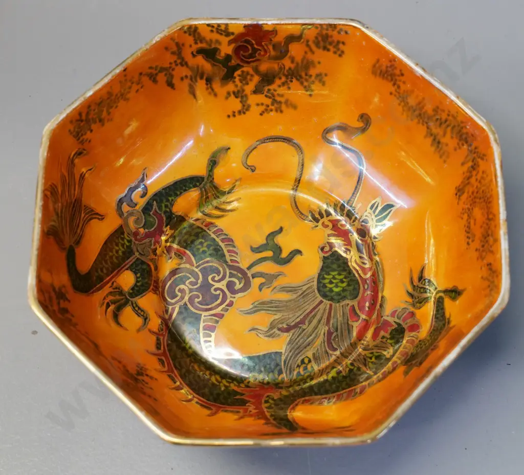 Bursley octagonal lustre bowl with dragon motif - some rubbing to gilt around rim. Diameter 180 Image 1++