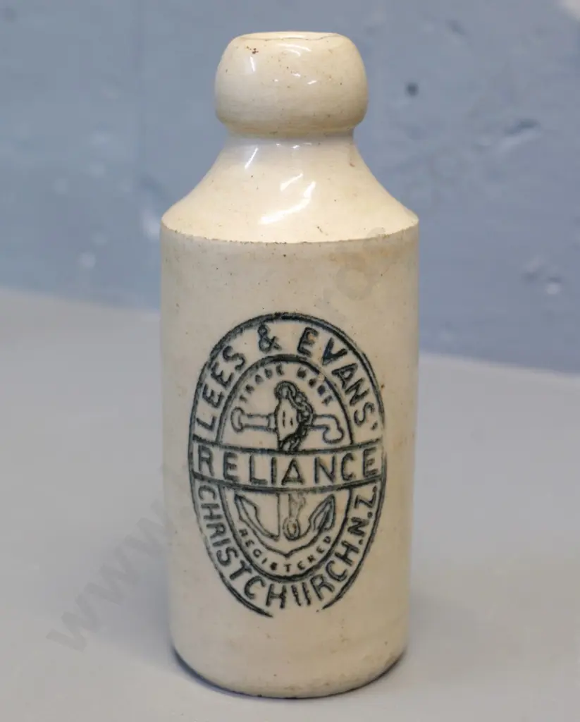 Dumpy ginger beer bottle, cork stopper, Lees and Evans, Christchurch, condition good, small Image 1++
