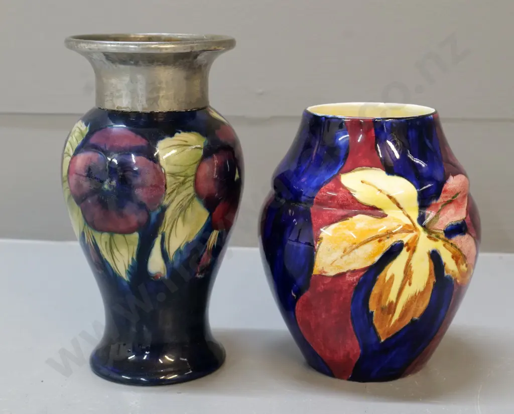 Moorcroft vase with hammered pewter top (pewter non original?) H-180 and Tunstall autumn leaves vase Image 1++