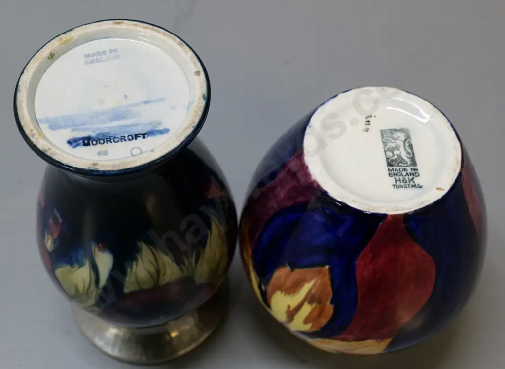Moorcroft vase with hammered pewter top (pewter non original?) H-180 and Tunstall autumn leaves vase Image 1++