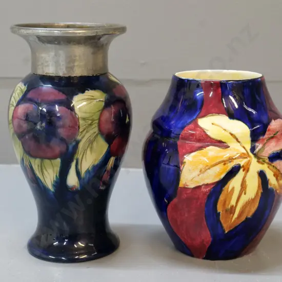Moorcroft vase with hammered pewter top (pewter non original?) H-180 and Tunstall autumn leaves vase
