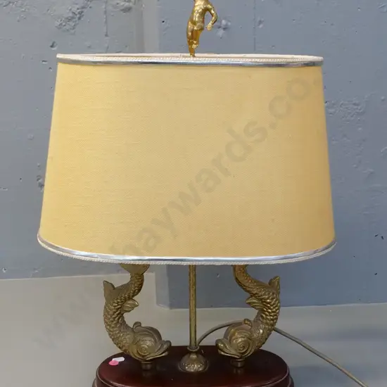 cast brass fish motif table lamp on wooden base with figural shade holder H590 W280