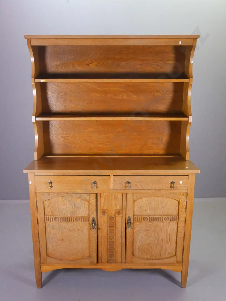 deco oak hutch dresser with open shelf top, 2 drawers, 2 doors with carved detail, brass drop handles H1830 W1180 D440 Image 1++
