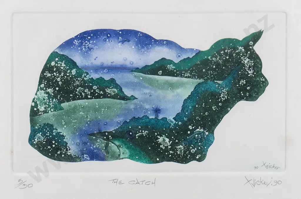 Gary Tricker '90 - mounted etching 5/30 "The Catch" H-125 W-215 Image 1++