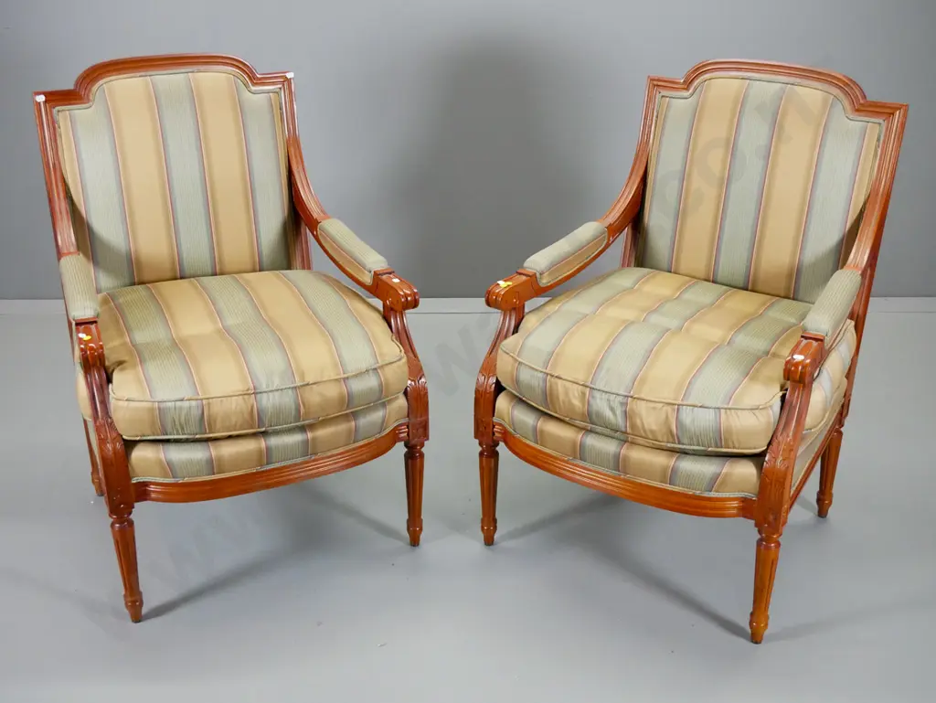 pair of mahogany Empire style lounge chairs with show-wood frames, striped satin upholstery H980 W660 D640 Image 1++