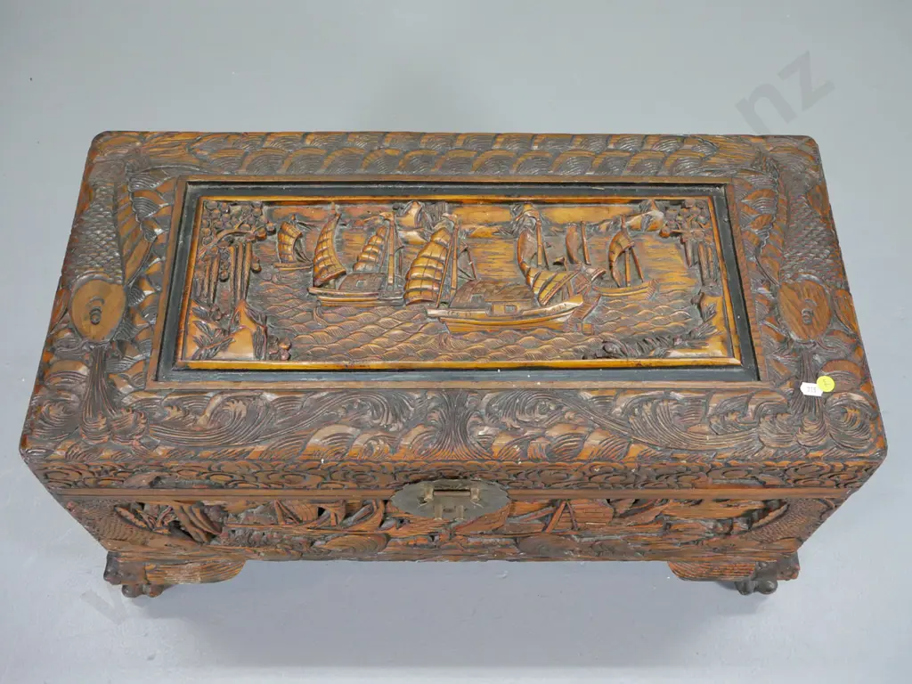 Chinese carved camphorwood chest with brass catch H380 W710 D340 Image 1++