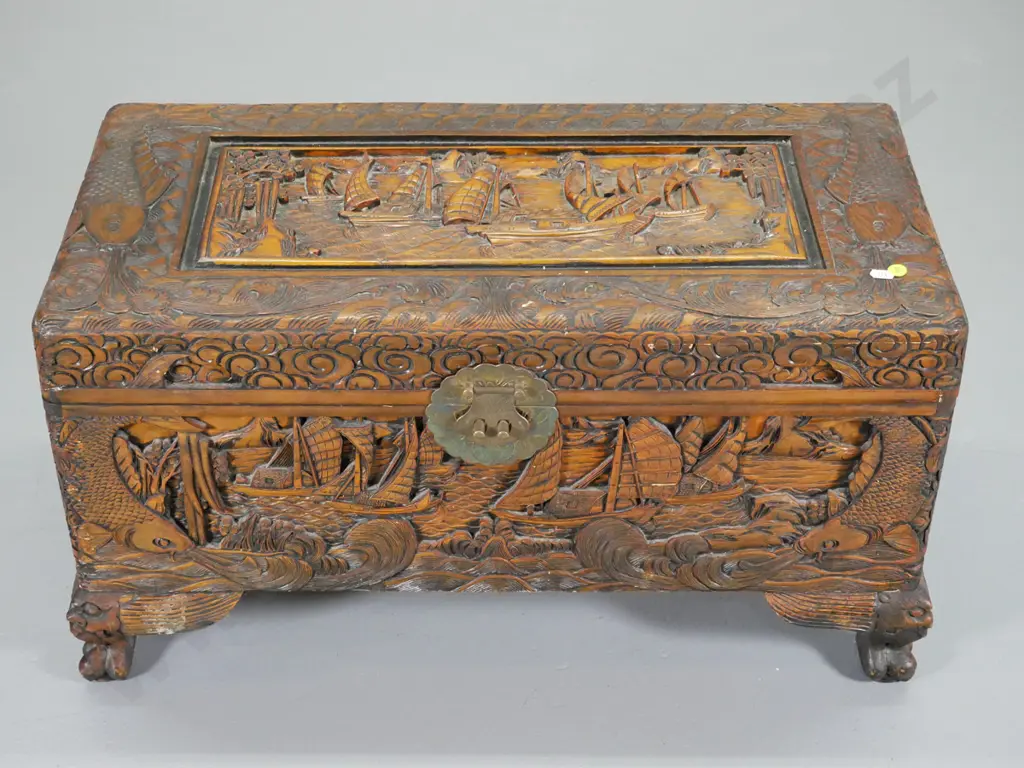 Chinese carved camphorwood chest with brass catch H380 W710 D340 Image 1++