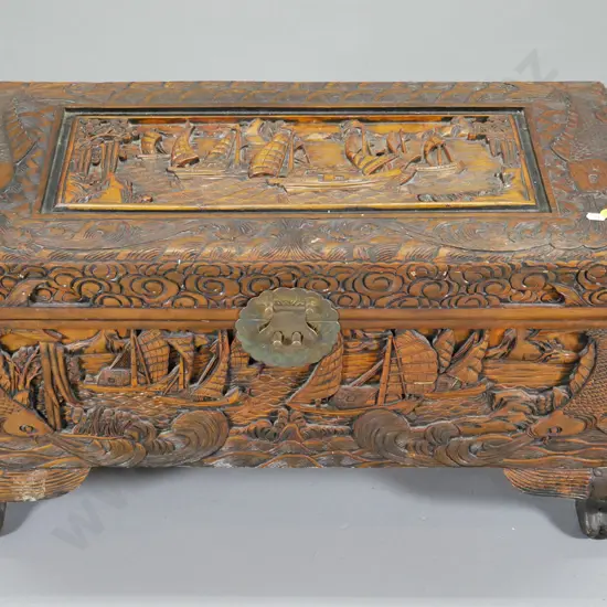 Chinese carved camphorwood chest with brass catch H380 W710 D340