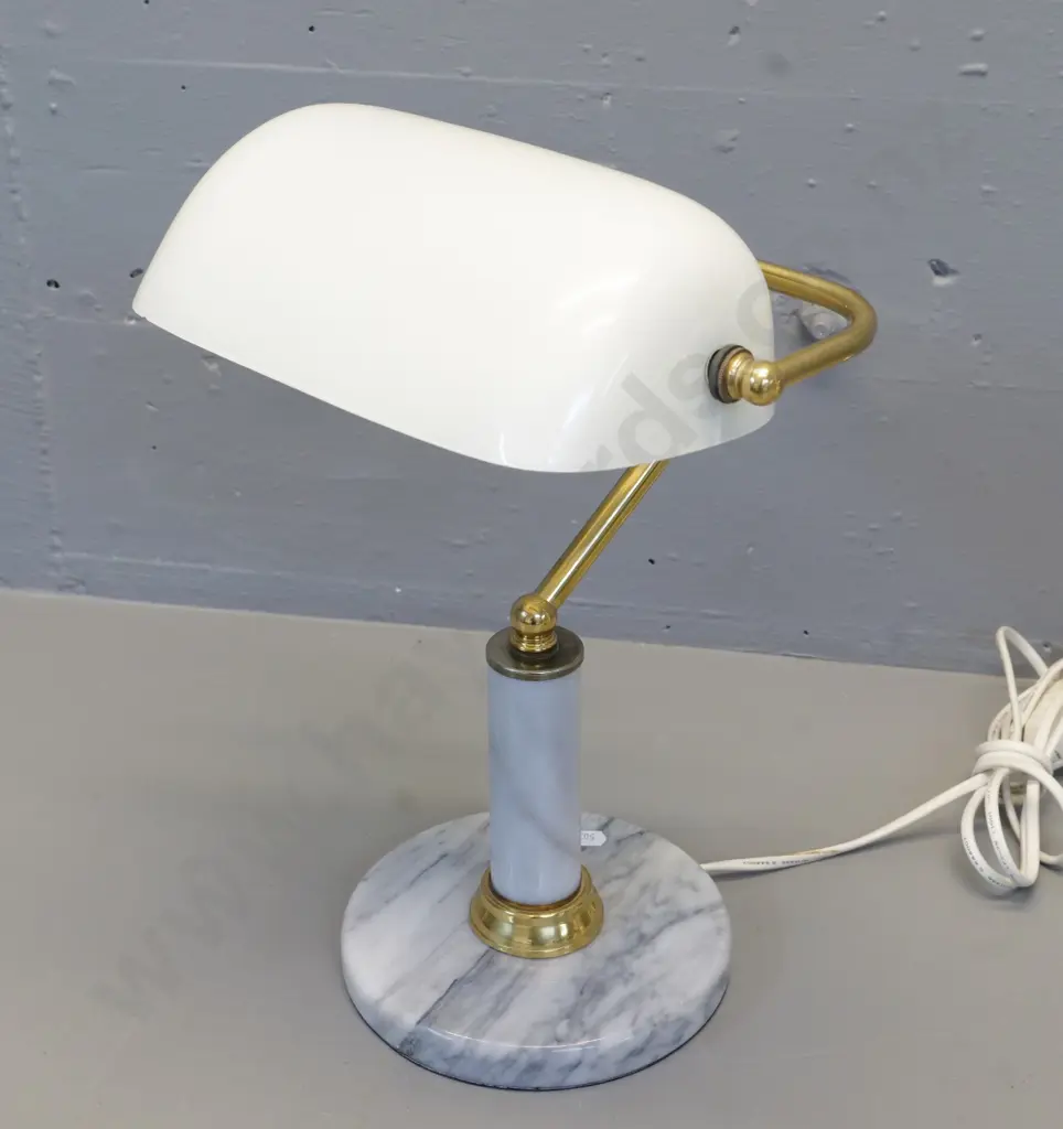 banker's lamp with white glass shade, marble base, brass hardware H-380 Shade W-260 Image 1++