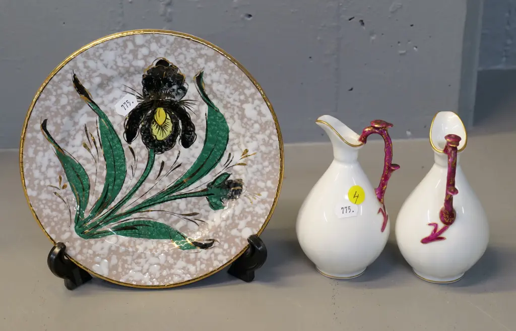 pair of small Limoges jug vases - fleck to one handle - and an Italian irises plate Diameter 190 Image 1++