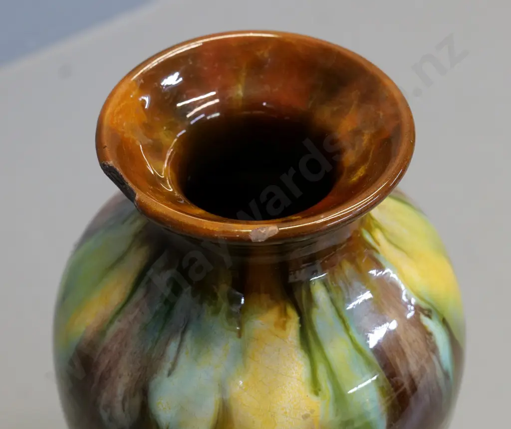 studio pottery trickle glaze vase - unknown maker's mark - chip to rim H290 Image 1++