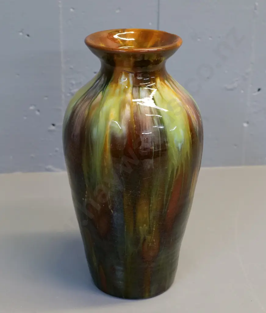 studio pottery trickle glaze vase - unknown maker's mark - chip to rim H290 Image 1++