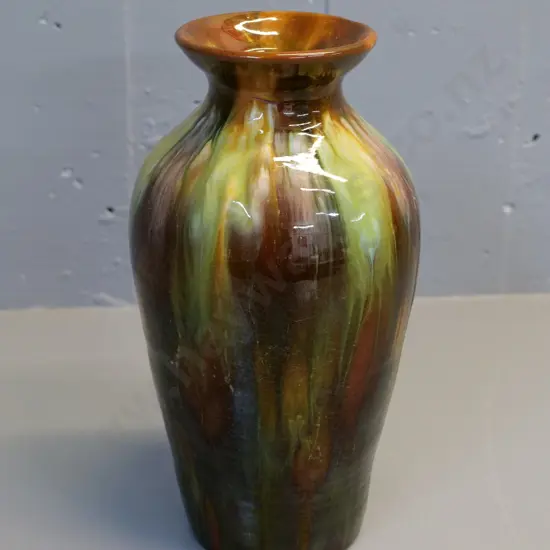 studio pottery trickle glaze vase - unknown maker's mark - chip to rim H290