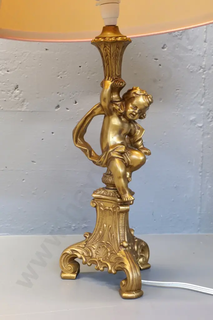 metal gold finish figural cupid lamp base - pink corded shade has broken support arm H-810 Shade D-510 Image 1++
