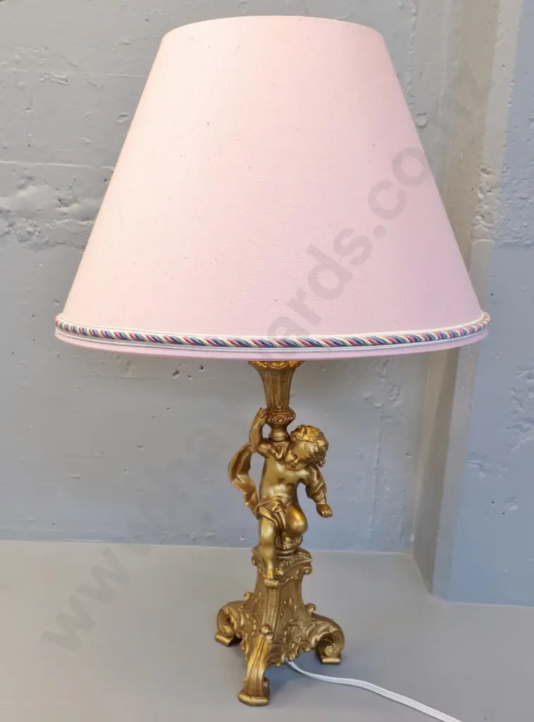 metal gold finish figural cupid lamp base - pink corded shade has broken support arm H-810 Shade D-510 Image 1++