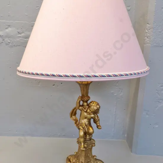 metal gold finish figural cupid lamp base - pink corded shade has broken support arm H-810 Shade D-510