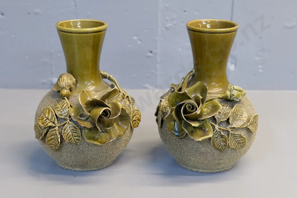 pair (Milton potteries?) majolica vases with ceramic hail & applique roses - some chips H-190 Image 1++