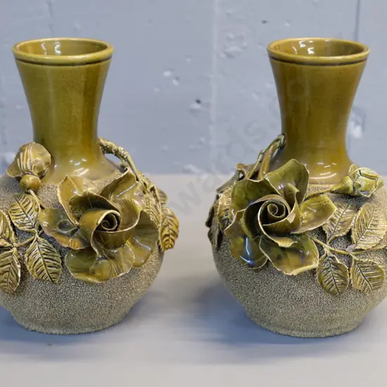 pair (Milton potteries?) majolica vases with ceramic hail & applique roses - some chips H-190