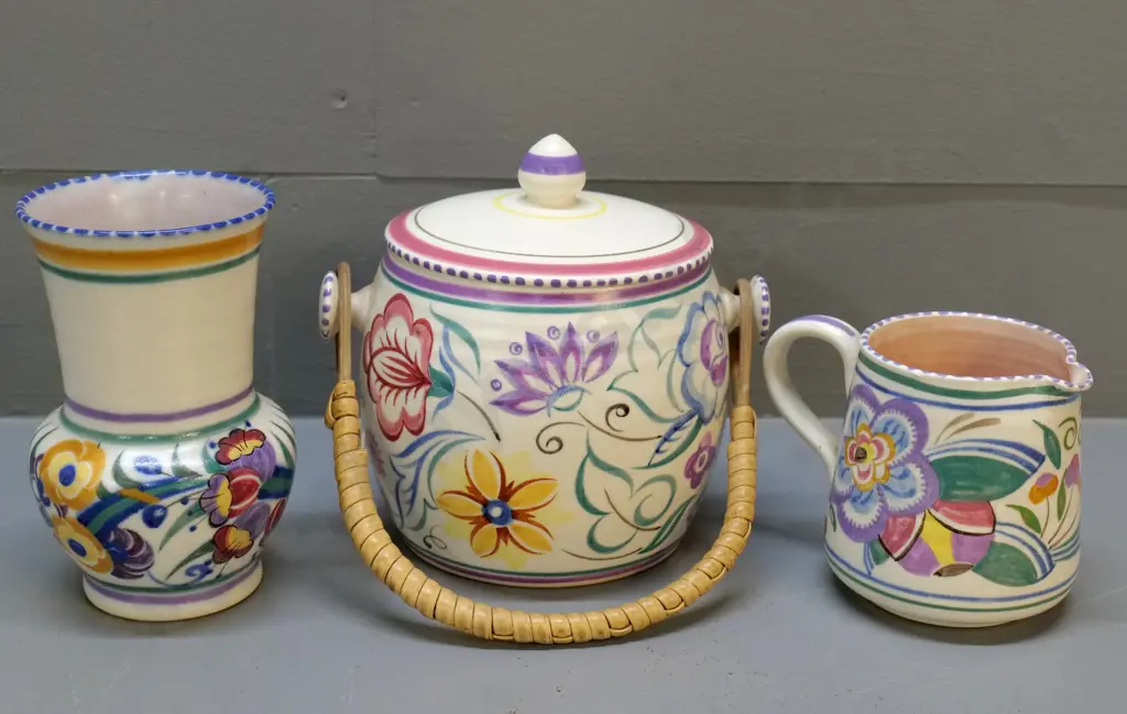 3 pieces of Poole hand-painted pottery - biscuit barrel, jug, and vase H-140 Image 1++