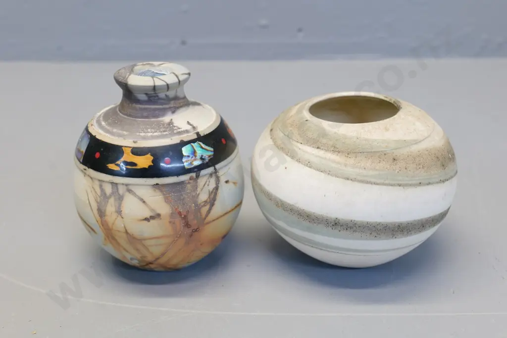 2 small studio pottery ball-shaped vases, one with wood and paua inset band, unknown mark H-110 Image 1++