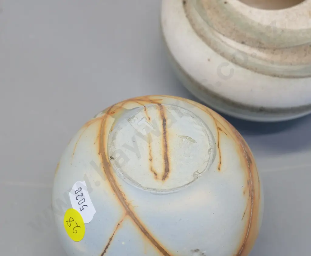 2 small studio pottery ball-shaped vases, one with wood and paua inset band, unknown mark H-110 Image 1++