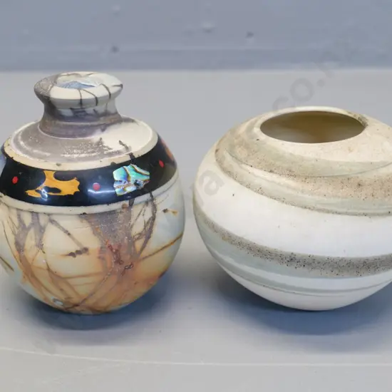 2 small studio pottery ball-shaped vases, one with wood and paua inset band, unknown mark H-110