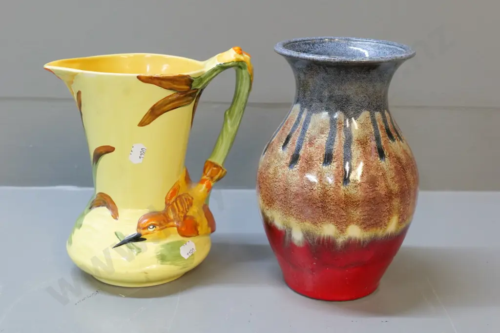 German pottery drip-glaze vase H-200 and a Burleigh bird-handled jug Image 1++