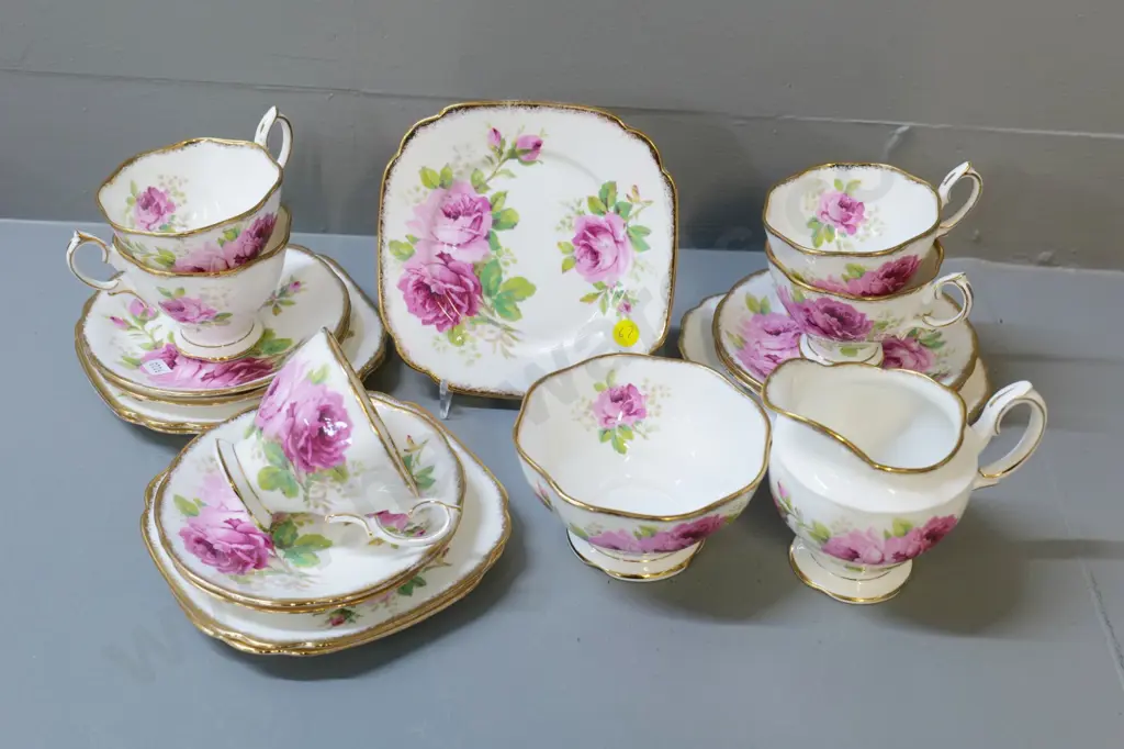 Royal Albert American Beauty part tea set - 5 trios, cream & sugar, spare saucer Image 1++