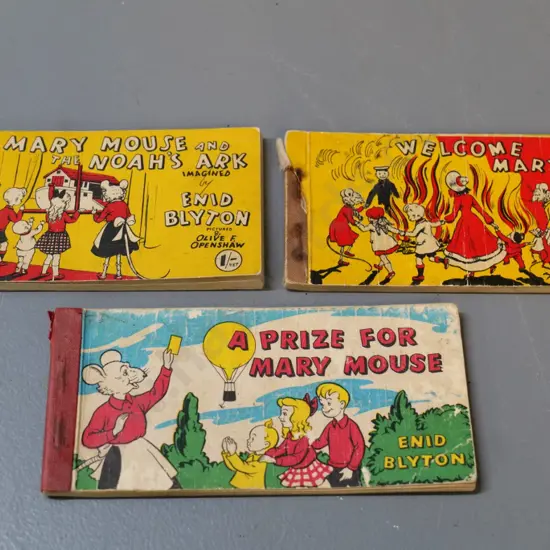 3 small Enid Blyton Mary Mouse books - pub. Rockhampton Press, circa 1950s. Some damage, corrosion to staples