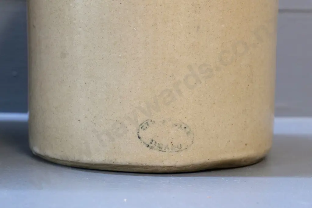 2 stoneware crocks - wire-handled narrow mouth with Timaru mark, larger with no maker's mark H390 Image 1++