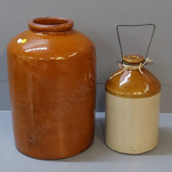2 stoneware crocks - wire-handled narrow mouth with Timaru mark, larger with no maker's mark H390