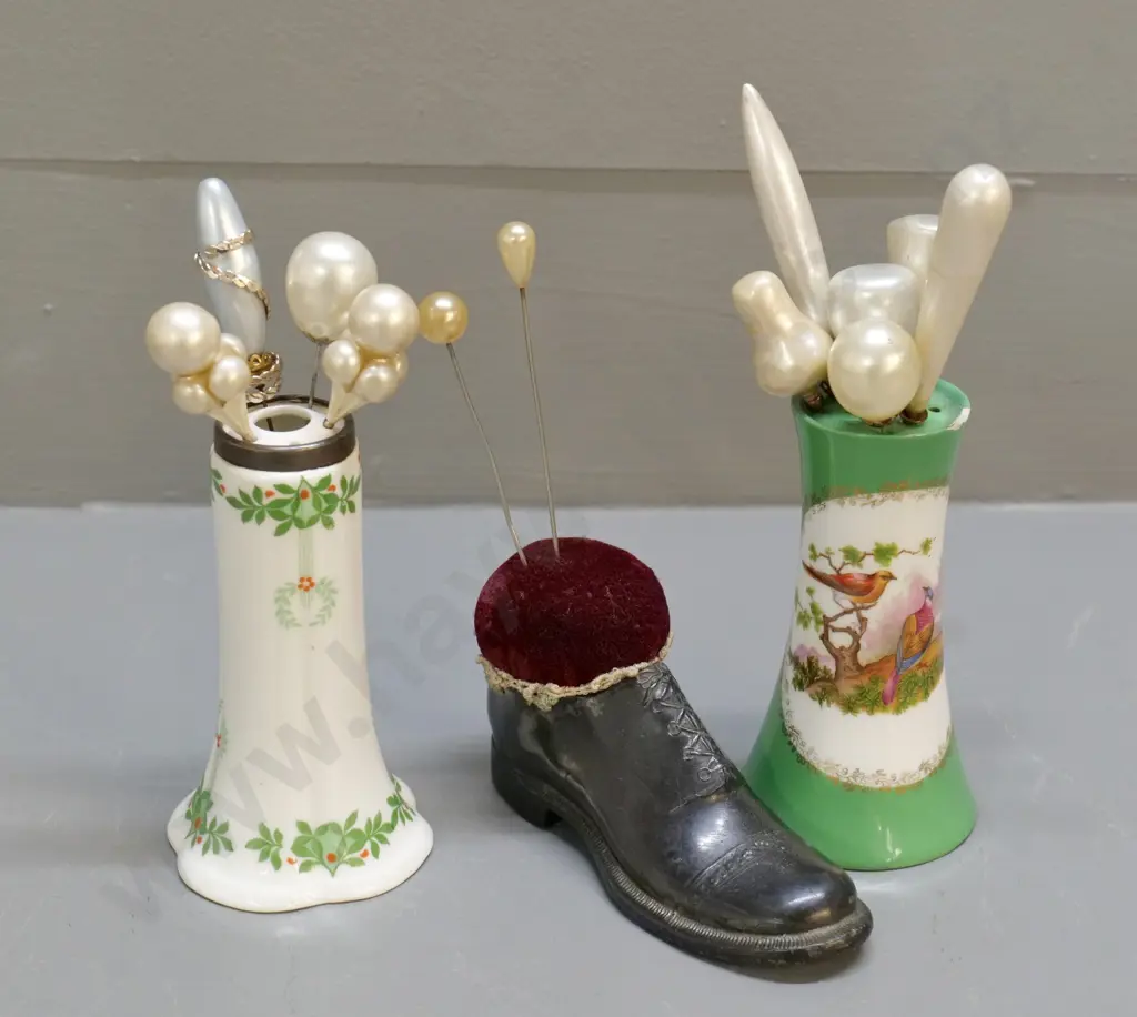 3 vintage hat pin holders - 2 china, one with sterling silver band, and a metal shoe, plus 13 hat pins Image 1++