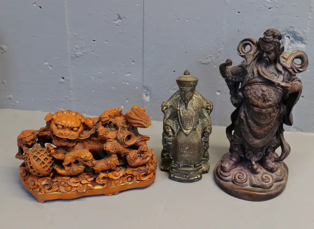 3 Chinese composite traditional style figures - base for tiger has had repair. Largest is H-270 Image 1++