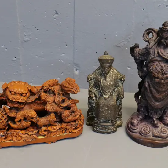 3 Chinese composite traditional style figures - base for tiger has had repair. Largest is H-270