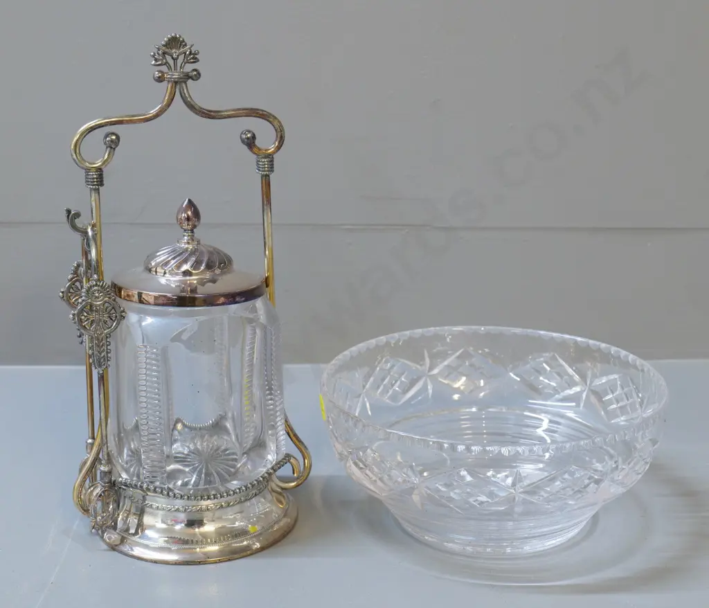 Stuart cut crystal salad bowl D-180 and a crystal and EPNS pickle jar with tongs H-270 Image 1++
