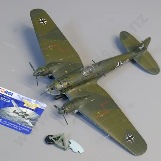 Corgi Aviation Archive die-cast 1:72 scale Heinkel HE111 bomber w/limited edition card - one landing gear needs repair
