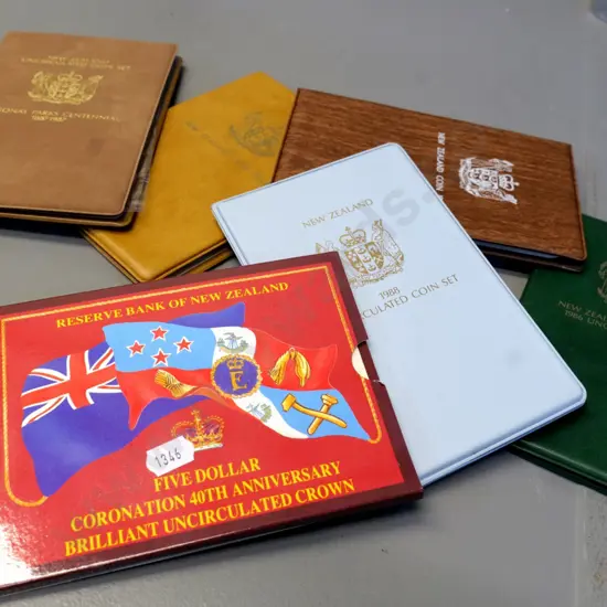 6 New Zealand coin collector sets - 1985, 86, 88 bird sets, 87 National Parks, Queen's silver jubilee, 93 coronation ann