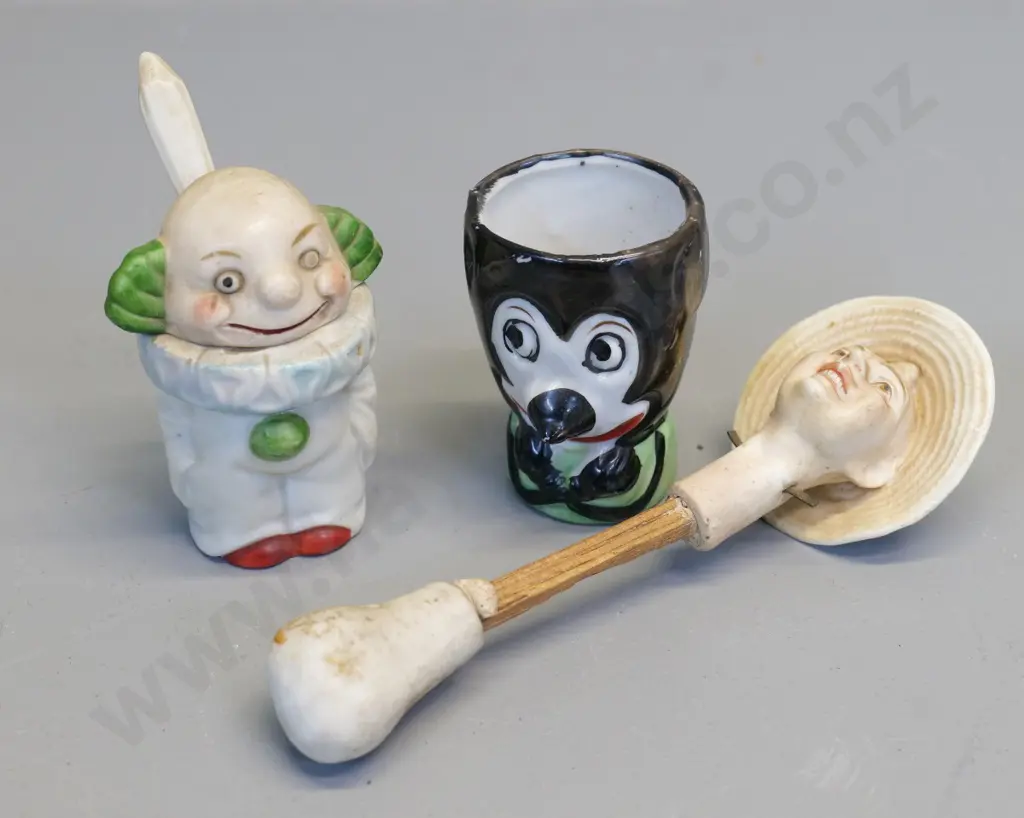 early Mickey Mouse egg cup, clown mustard pot, and part Chinese nodding figure Image 1++