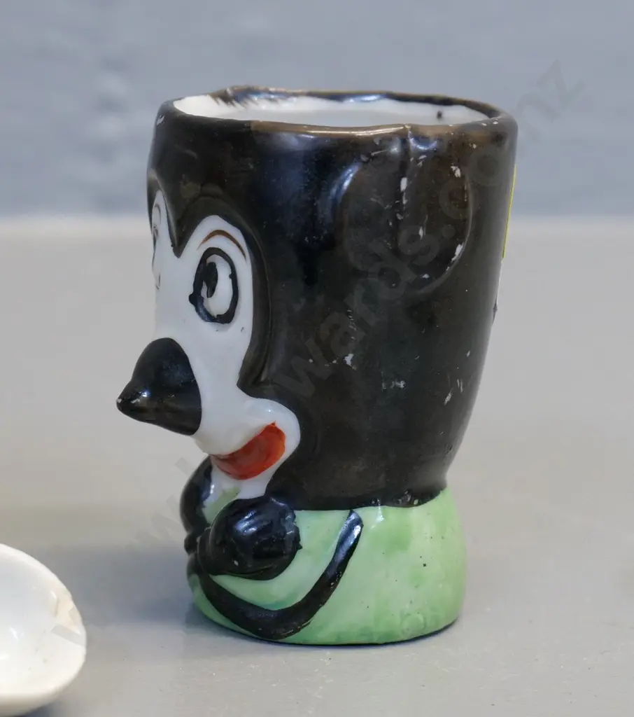 early Mickey Mouse egg cup, clown mustard pot, and part Chinese nodding figure Image 1++