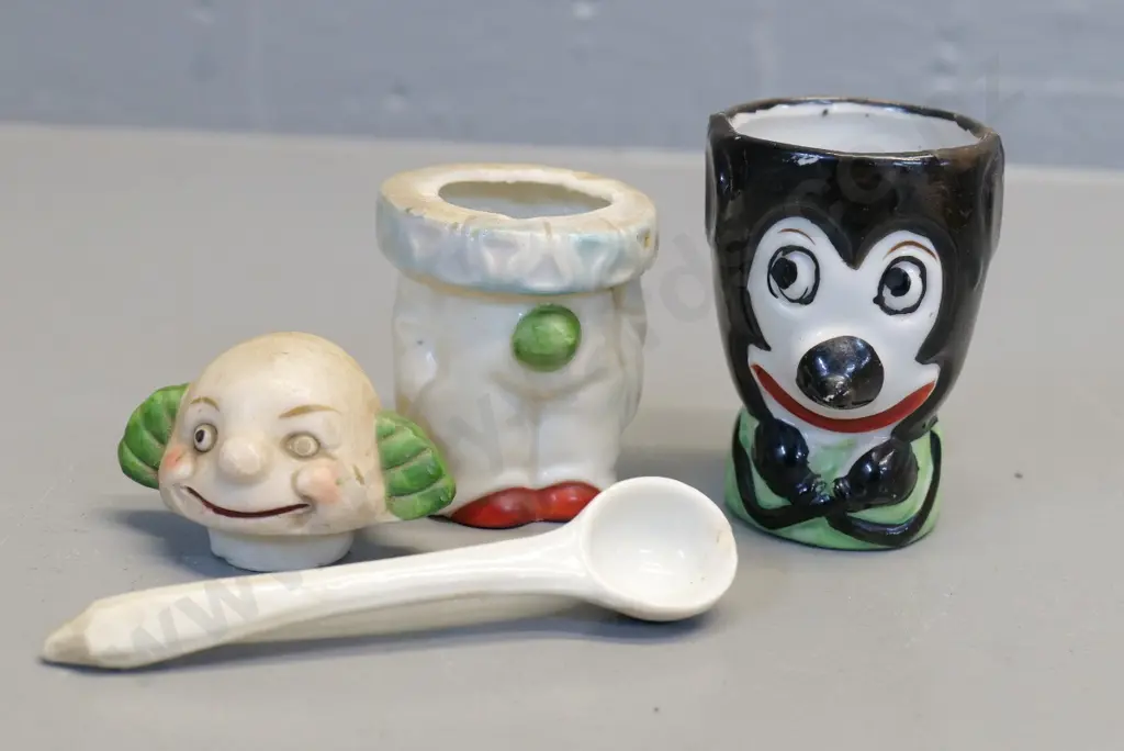 early Mickey Mouse egg cup, clown mustard pot, and part Chinese nodding figure Image 1++