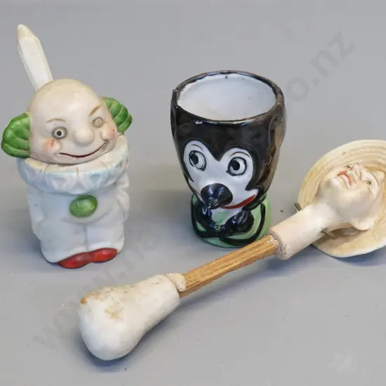 early Mickey Mouse egg cup, clown mustard pot, and part Chinese nodding figure