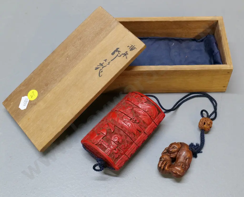 reproduction composite cinnabar style inro with faux wood netsuke, in wooden box Image 1++