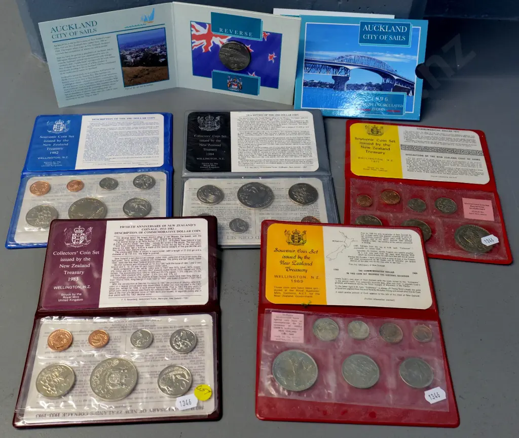 6 New Zealand coin collector sets - 1969, 71, 82, 83, 84 and Auckland Centennial $5 Image 1++