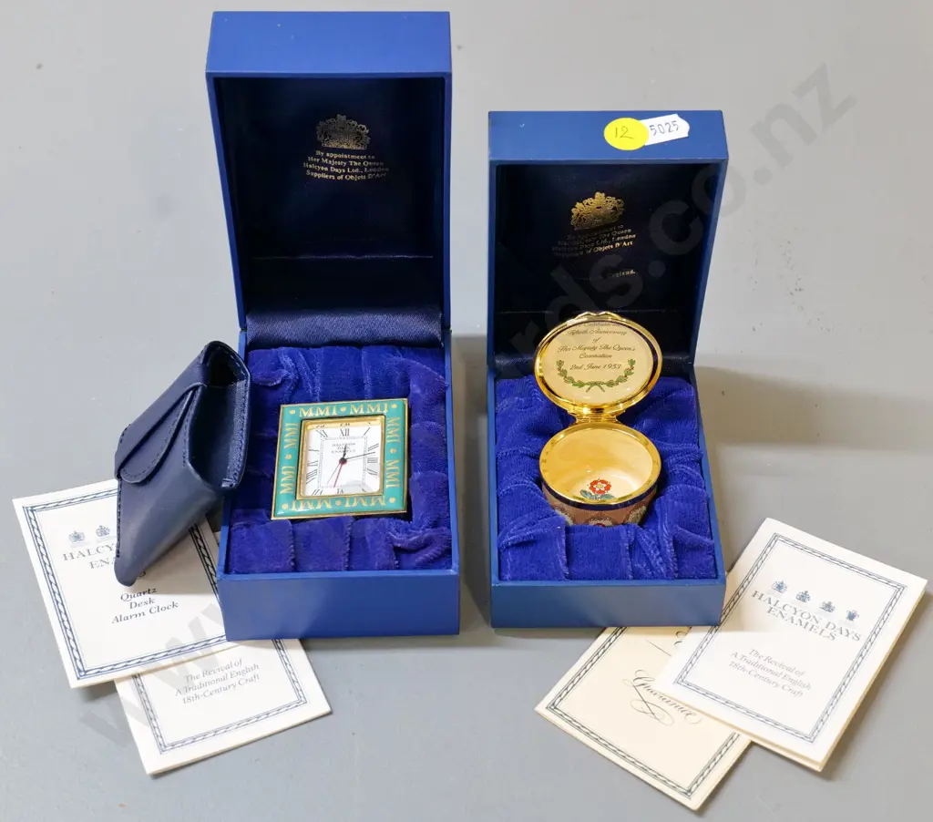 2 boxed Halcyon Days enamel items - miniature alarm clock w/pouch H-55 W-45 & 50th Anniversary QEII Coronation pill box Image 1++