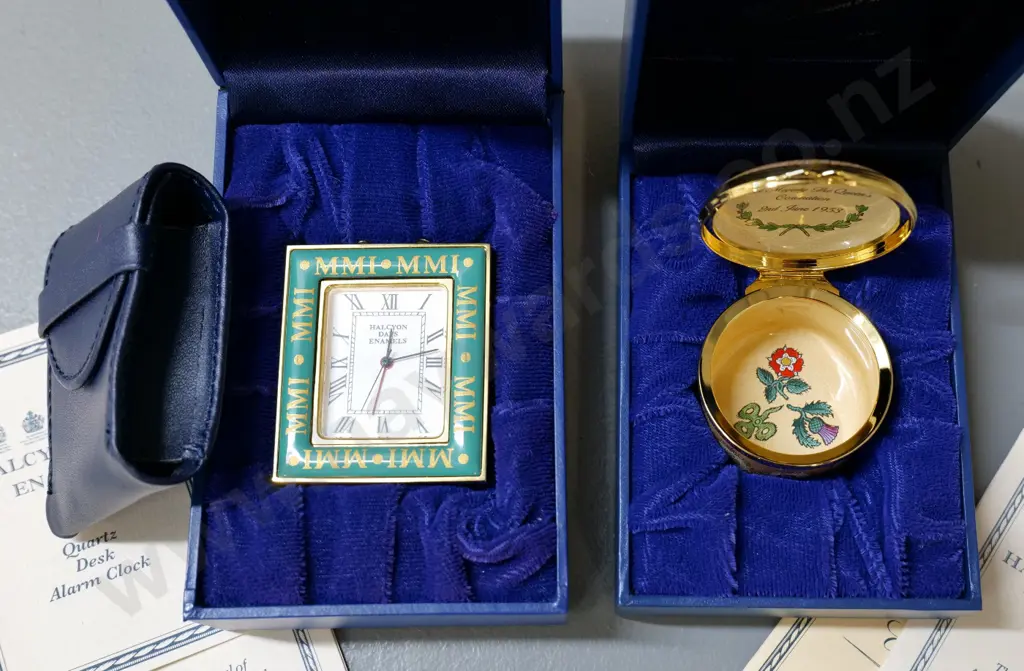 2 boxed Halcyon Days enamel items - miniature alarm clock w/pouch H-55 W-45 & 50th Anniversary QEII Coronation pill box Image 1++