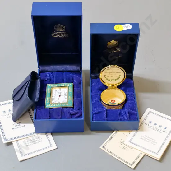 2 boxed Halcyon Days enamel items - miniature alarm clock w/pouch H-55 W-45 & 50th Anniversary QEII Coronation pill box