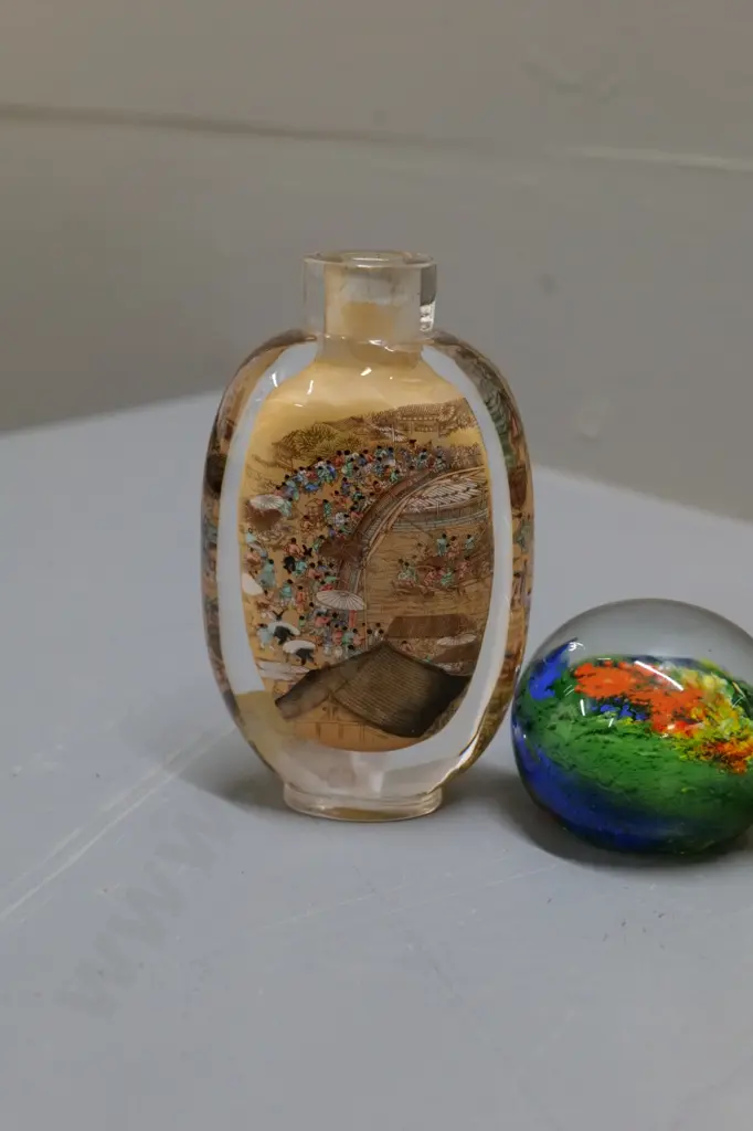 5 glass items - 3 paperweights, small duck figure, interior-painted bottle H-110 Image 1++